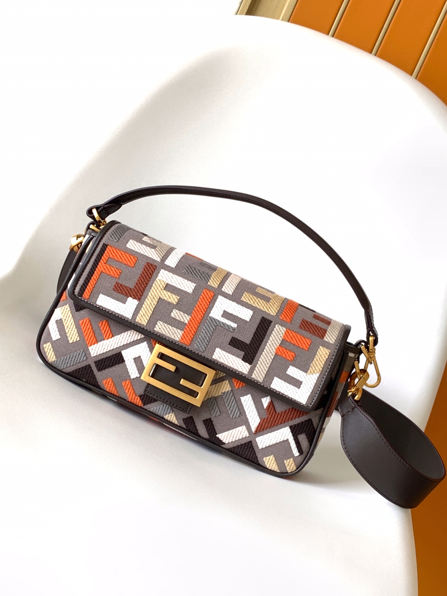 Fendi Medium Baguette FF Canvas Embroidery Shoulder Bag Multicolor/Dark Coffee